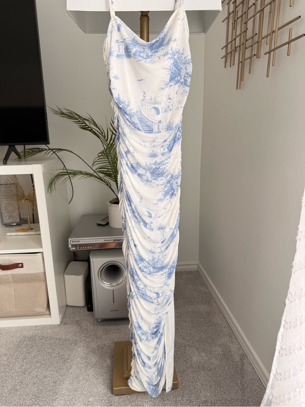 Blue & White Ruched Toile Maxi Skirt
